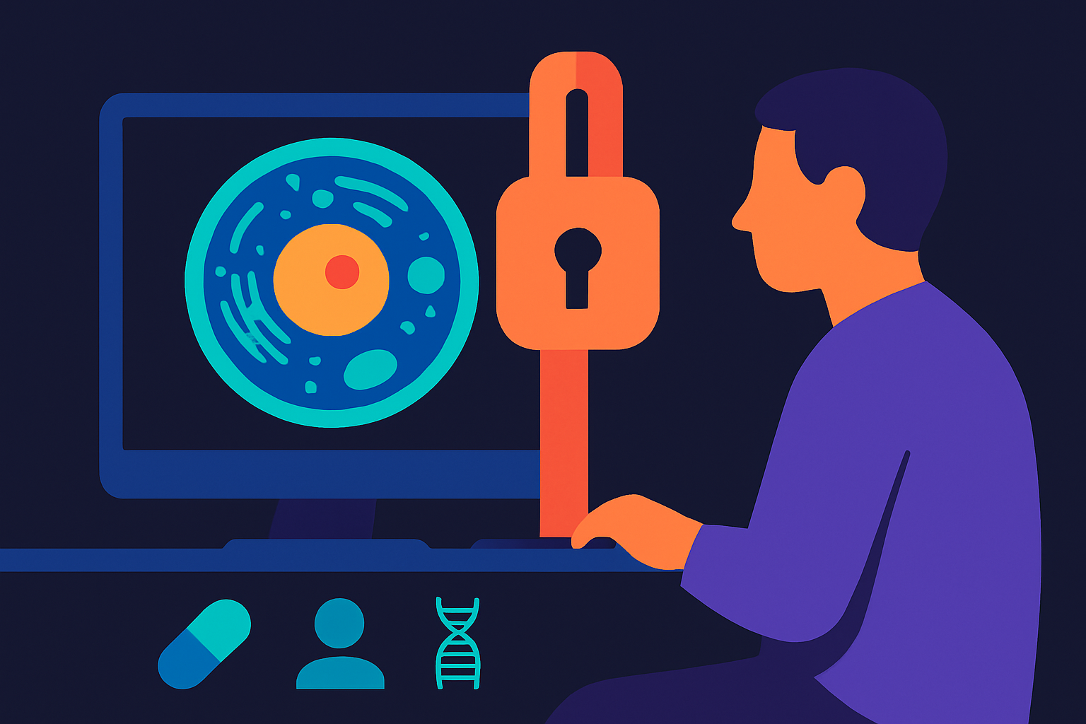 A concrete, representative image for the bottleneck: "Computational Barriers to Creating Accurate Virtual Cells" — The inability to create computationally accurate models of complete living cells limits drug discovery, personalized medicine, and fundamental understanding of biological systems