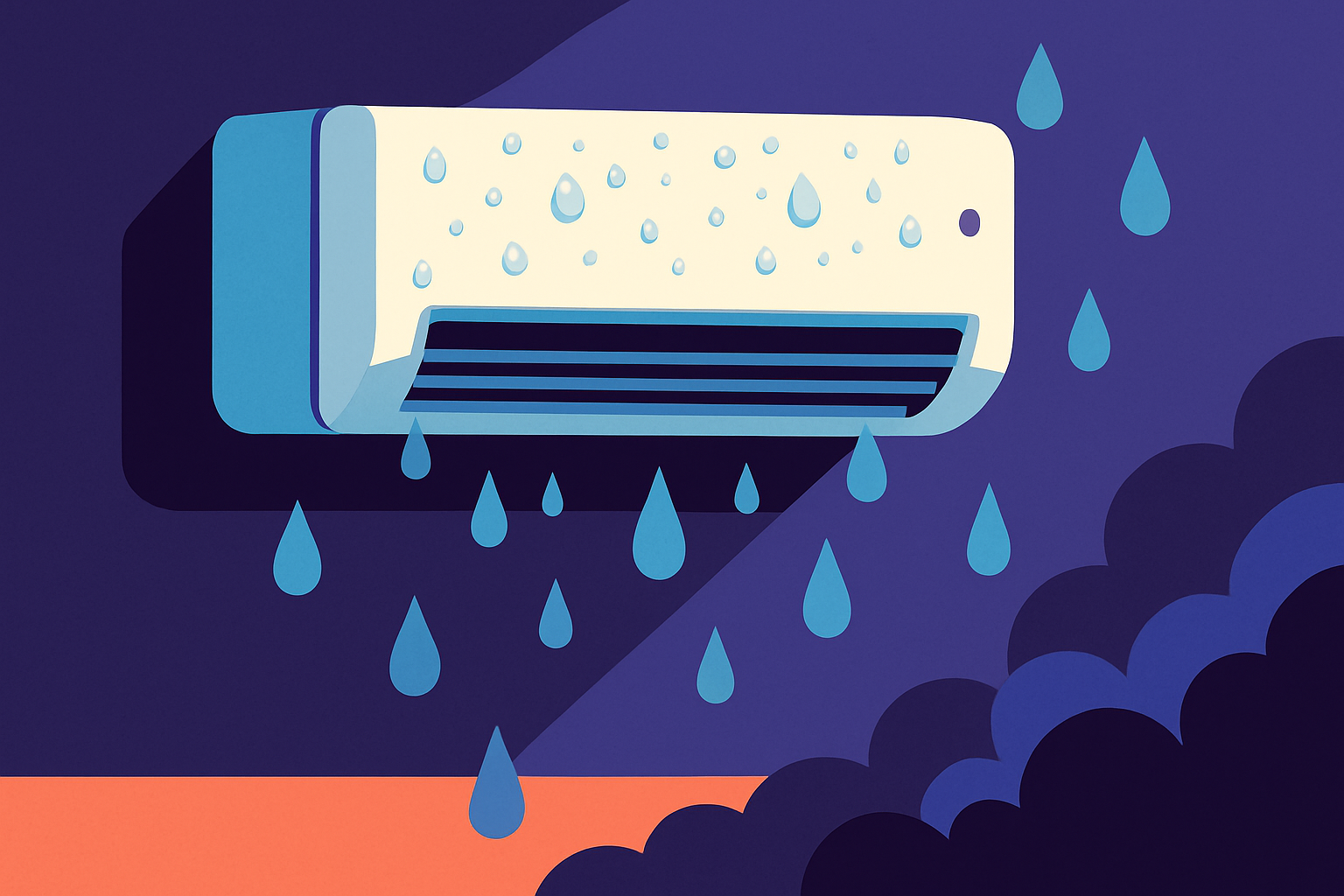 A modern residential air conditioning unit with visible condensation and humidity droplets in a muggy room, representing the challenge that AC units aren't optimized for managing humidity